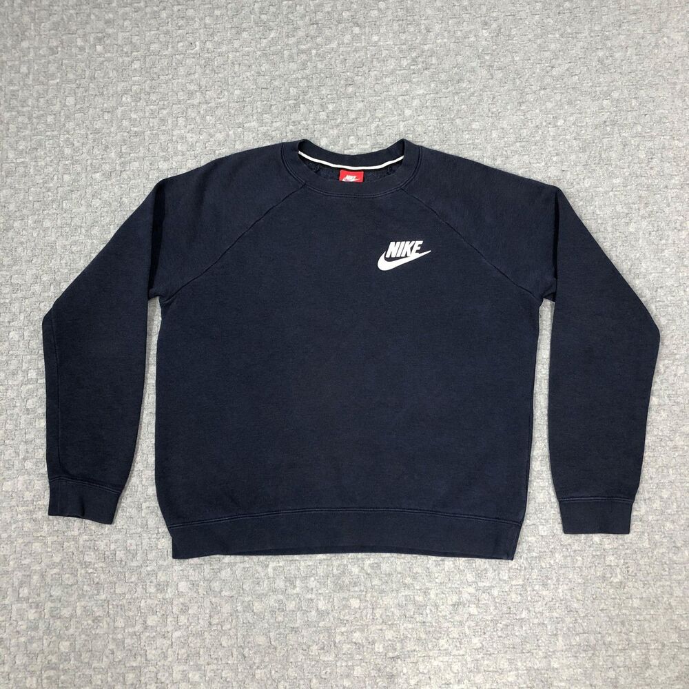 Nike Sweatshirt Mens Large Navy Blue Crewneck Fleece Pullover Swoosh Logo Sport